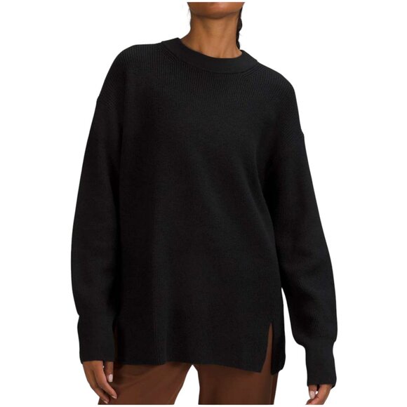 Lululemon Merino Wool Blend Ribbed Crewneck Sweater black size 10 L large cotton - Picture 1 of 12